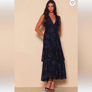 Lulus Molinetto Elegant Gorgeous Navy Blue Floral Lace 3 Tiered Midi Dress
